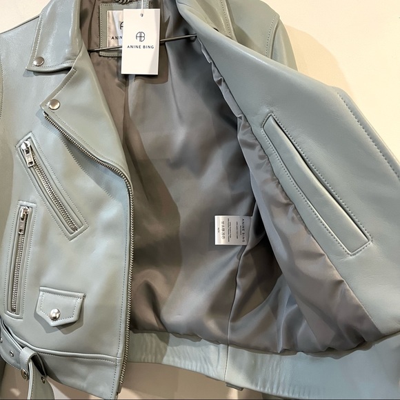 Anine Bing Benjamin Moto Leather Jacket in Dusty Mint Size XS NEW with tags! - Picture 8 of 11